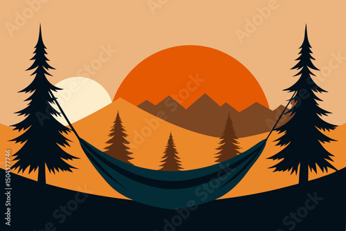 camping hammock stretched between pine trees  sun 