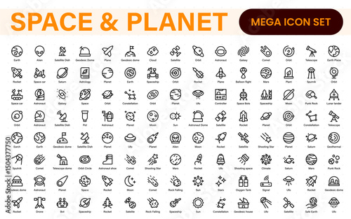 Modern Space and Planet Icons – Clean Outline, Line Art, and Vector Illustrations for Astronomy, Space Exploration, Planets, and Solar System Designs