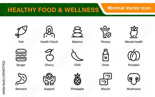 Essential Healthy Food & Wellness Icons. Perfect for Nutrition Guides, Diet Plans, Wellness Apps, Fitness Programs, and Holistic Lifestyle Designs