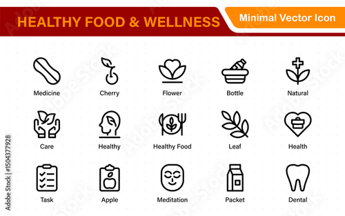 Essential Healthy Food & Wellness Icons. Perfect for Nutrition Guides, Diet Plans, Wellness Apps, Fitness Programs, and Holistic Lifestyle Designs
