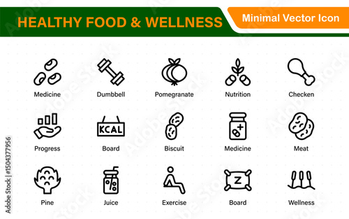 Essential Healthy Food & Wellness Icons. Perfect for Nutrition Guides, Diet Plans, Wellness Apps, Fitness Programs, and Holistic Lifestyle Designs