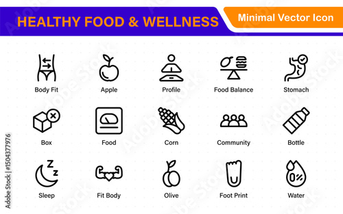 Essential Healthy Food & Wellness Icons. Perfect for Nutrition Guides, Diet Plans, Wellness Apps, Fitness Programs, and Holistic Lifestyle Designs