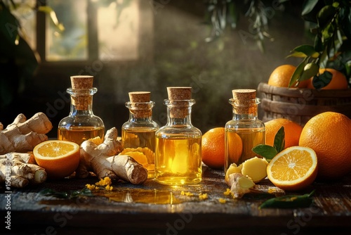 Fresh Ginger and Orange Oils Displayed on a Rustic Wooden Table in a Sunlit Room