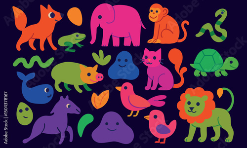 Bright cartoon animal set featuring pig, whale, frog, turtle, monkey, snake, cat, fox, horse, lion, birds and abstract blobs on dark background. Playful flat vector design with vivid contrasting color