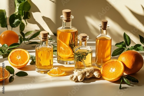 Delicious Citrus and Ginger Infusion With Glass Bottles and Fresh Oranges on ...
