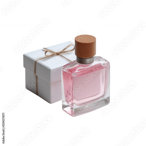 Elegant pink perfume in a clear glass bottle beside a stylish gift box tied with twine, perfect for presenting as a gift or for personal use.