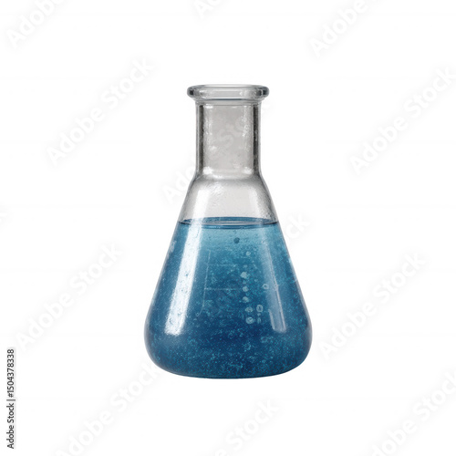 Glass flask filled with blue liquid on a white isolated background, perfect for scientific and educational concepts.