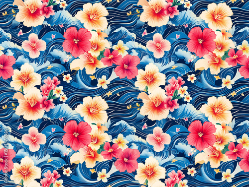 A vibrant, seamless pattern features tropical hibiscus flowers on a swirling blue background