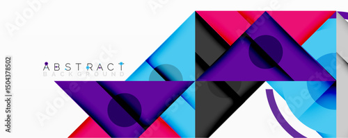 Geometric shapes overlap, creating vibrant abstract composition. Purple, pink, blue dominate design. Modern aesthetic.