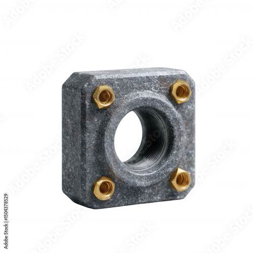 Industrial pipe fitting made of durable material, featuring brass screws and a threaded interior. Ideal for plumbing and construction projects, isolated on a white background.