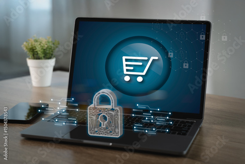Digital payment security image shows laptop with shopping cart icon screen, surrounded by digital security symbols, indicating online shopping