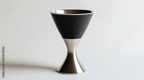A sleek, tall, and wide pewter cup with the base being a shiny stainless steel. The body is a grayish-black color, which creates an eye-catching contrast