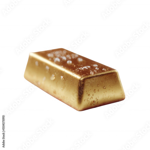 Shiny gold bar with reflections and droplets, isolated on white background. Symbol of wealth and value, perfect for financial concepts and luxury themes.