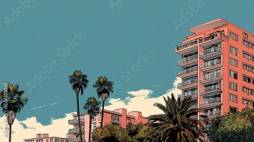 Colorful illustration of a city skyline with palm trees.