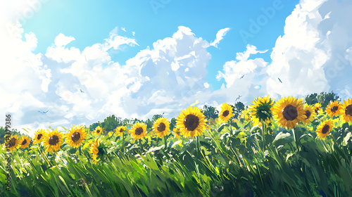 Tall sunflowers blossoming strongly in natural open field under sky high resolution picture