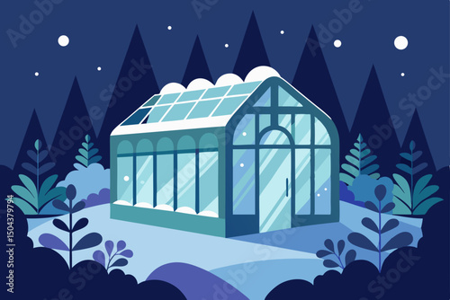 frosted glasshouse glowing in a snowy botanical 