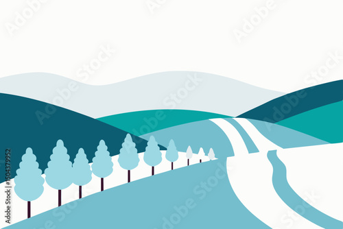 frosty vineyard on a slope overlooking a snowy 