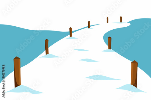 frozen countryside path with wooden posts barely 
