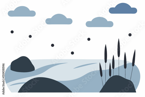 frozen lakeshore dotted with rocks and reeds benea.svg