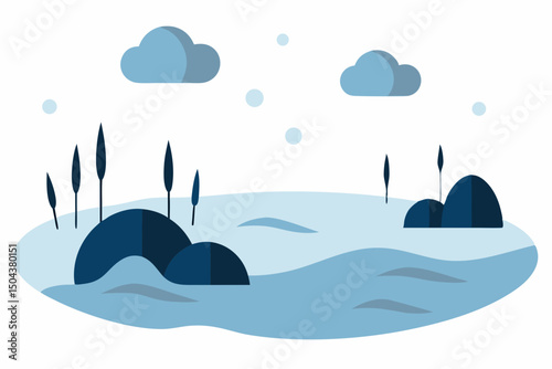 frozen lakeshore dotted with rocks and reeds benea