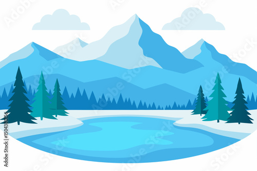 frozen lake surrounded by dense pine forest 