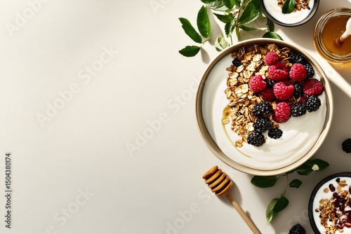 Healthy Breakfast Bowl With Yogurt, Berries, and Granola Arranged Beautifully...