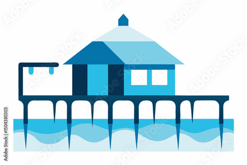 frozen pier with old fishing huts and icicles hang 