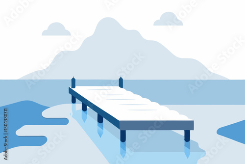 frozen pier extending into a misty  snow covered 