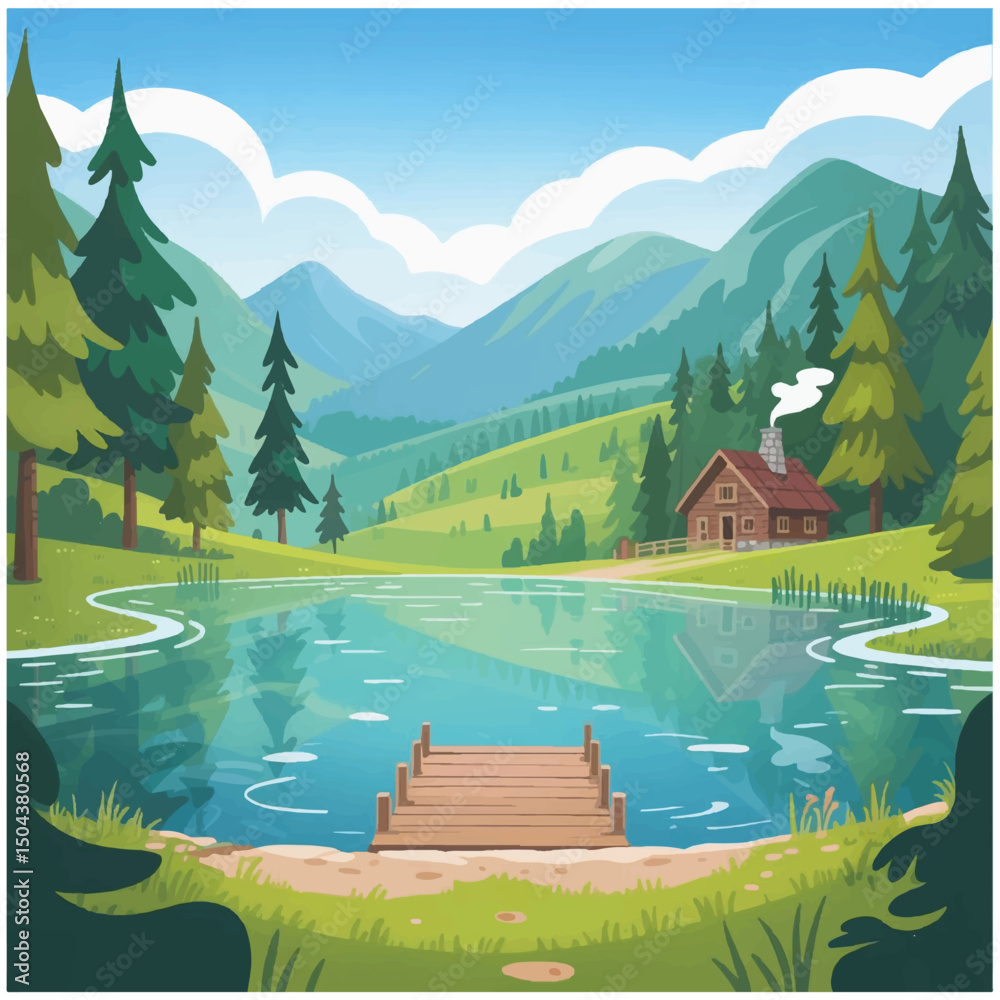 Naklejka premium natural scenery photo image tree river sky hill flower cloud home.eps