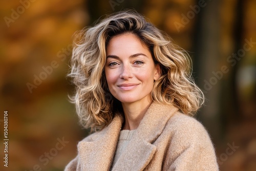 Woman Smiling in a Cozy Sweater Surrounded by Colorful Autumn Trees in a Park...