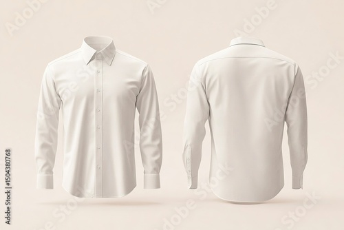 Rear and front view of a white men's shirt mockup, isolated on a light background, ultra-realistic photography. --ar 125:83 --v 6.1 Job ID: 9466080e-6921-4c1e-9ef4-1abaccd355d7