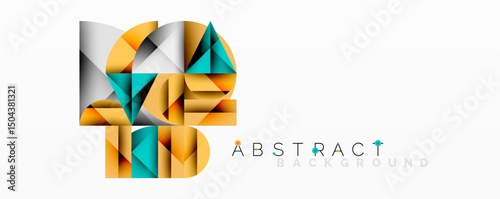 Geometric shapes overlap, creating dynamic abstract composition. Gold, teal, gray hues dominate design. Minimalist style.