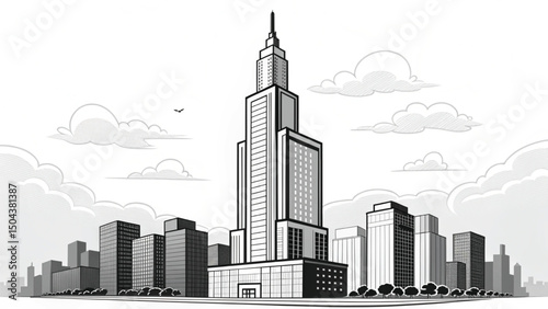 "Grayscale Digital Illustration of Modern Cityscape with High-Rise Architectural Design"