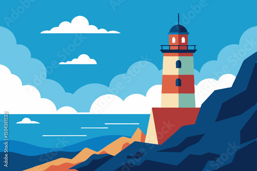 lighthouse overlooking rocky shore with crashing 