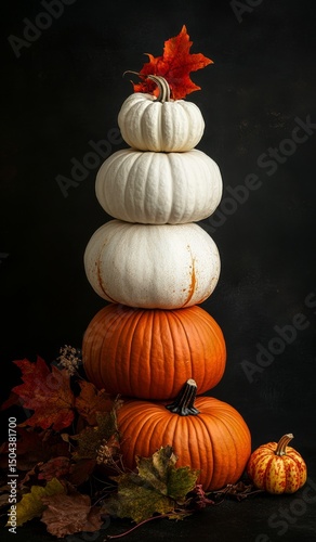 Colorful Pumpkin Stack With Small Pumpkins and Leaves in Autumn Display