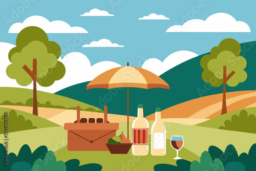 midday picnic in a vineyard with parasols  wine 