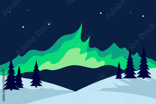 northern lights above a snow covered valley  silho