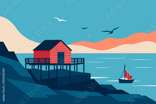old fishing shack at the edge of a rocky coastline.svg