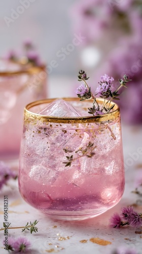 Refreshing Pink Drink With Flowers and Ice Served in Elegant Glass