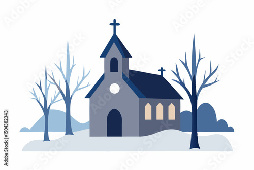 old stone church surrounded by snowy fields 