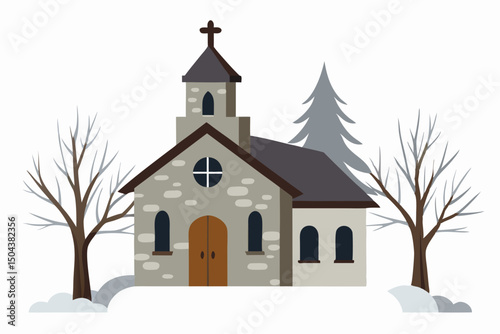 old stone church surrounded by snowy fields and 