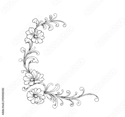 Floral Flourish: An elegant black and white floral illustration showcases delicate flowers intertwined with intricate leafy details, creating a captivating visual display.