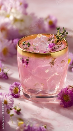 Refreshing Pink Cocktail With Flowers in Elegant Glass on a Bright Table