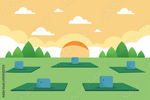 outdoor yoga class in a park at sunrise  mats arra