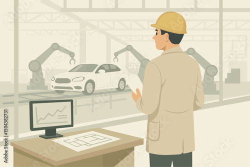 Engineer in the automotive industry oversees car manufacturing and production line operations with factory automation and smart factory systems