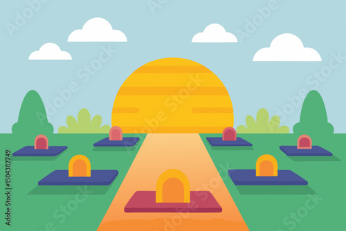 outdoor yoga class in a park at sunrise  mats 
