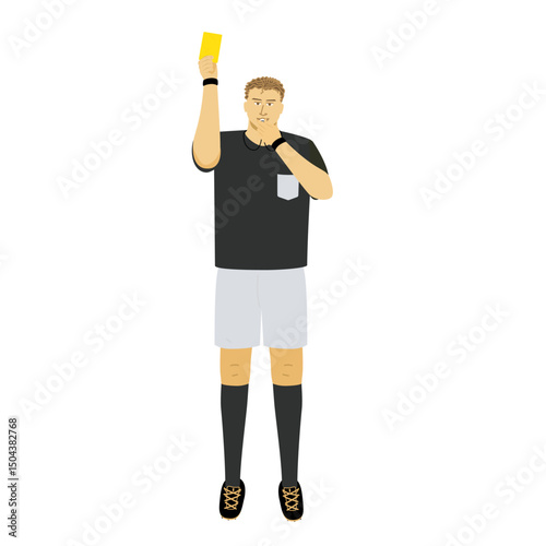 Football referee showing a yellow card and blowing whistle isolated on white background. 
