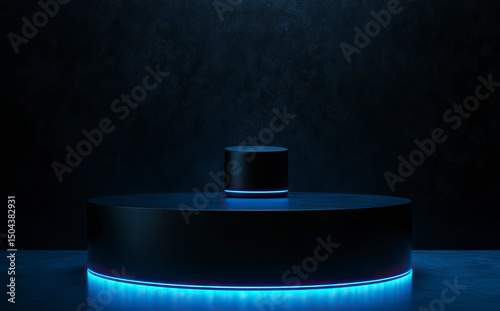 3D render of a podium with a glowing light line in a dark room background, a mock-up for a product presentation. An abstract scene with a round pedestal or platform. Black and blue colors. 
