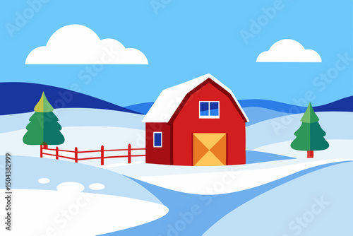 peaceful countryside barn surrounded by snow cover.svg
