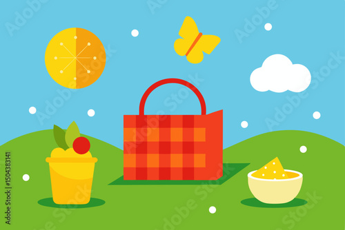 picnic in a sunny meadow  red checkered blanket 